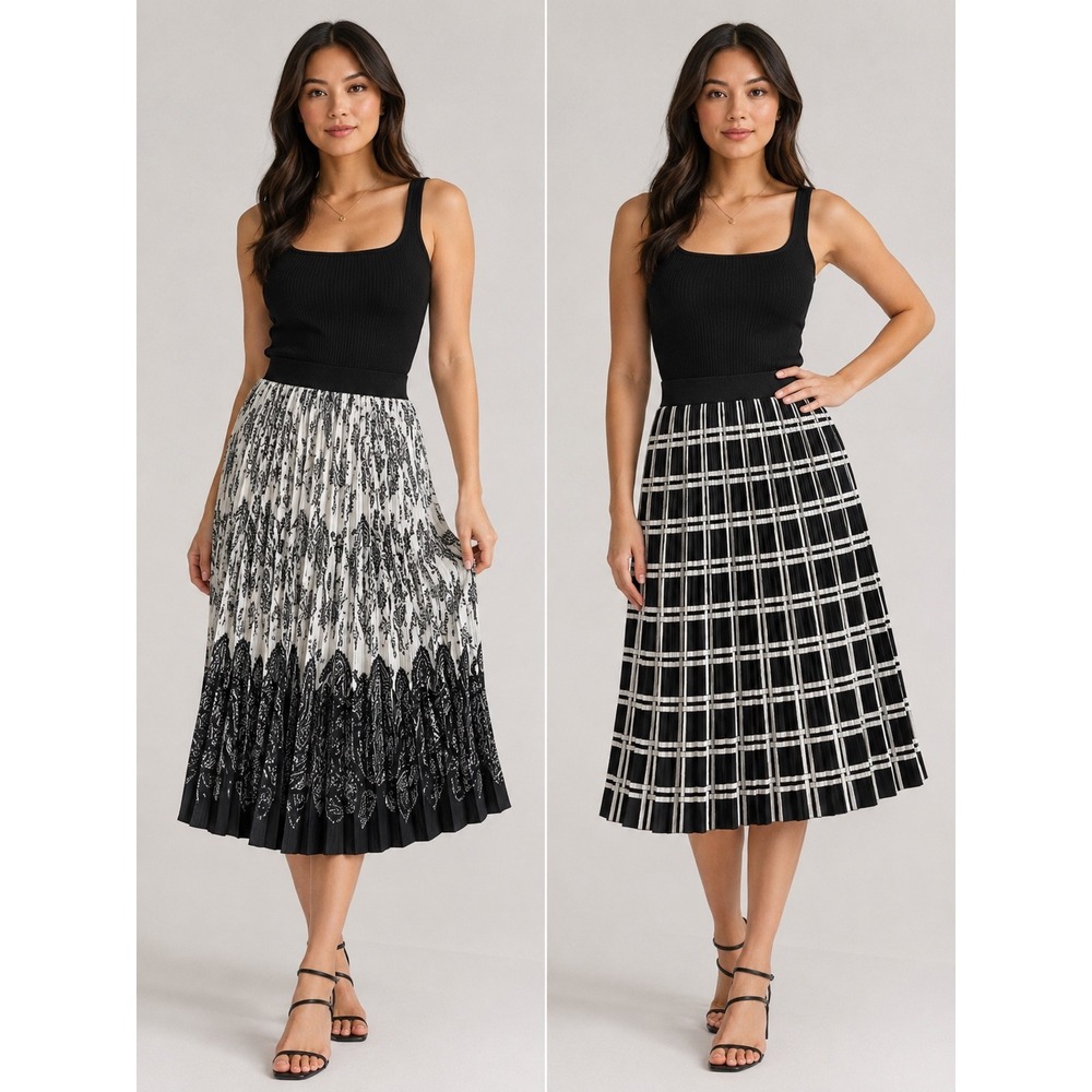 Metrowear Andi +‎ James Pleated Midi Skirt Bundle Black White Paisley Grid Large
